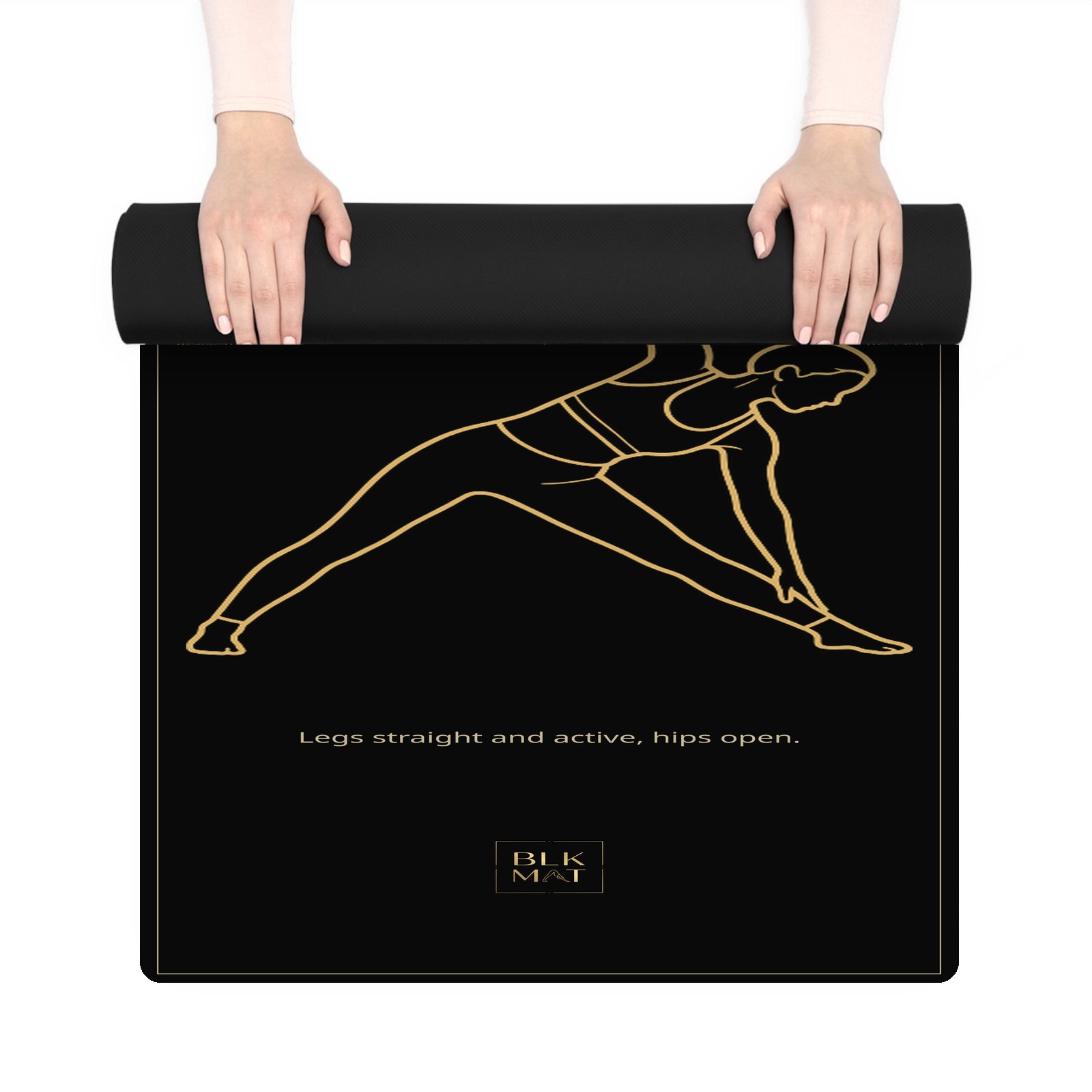 BLKMAT Triangle Pose yoga mat, held up and partly rolled