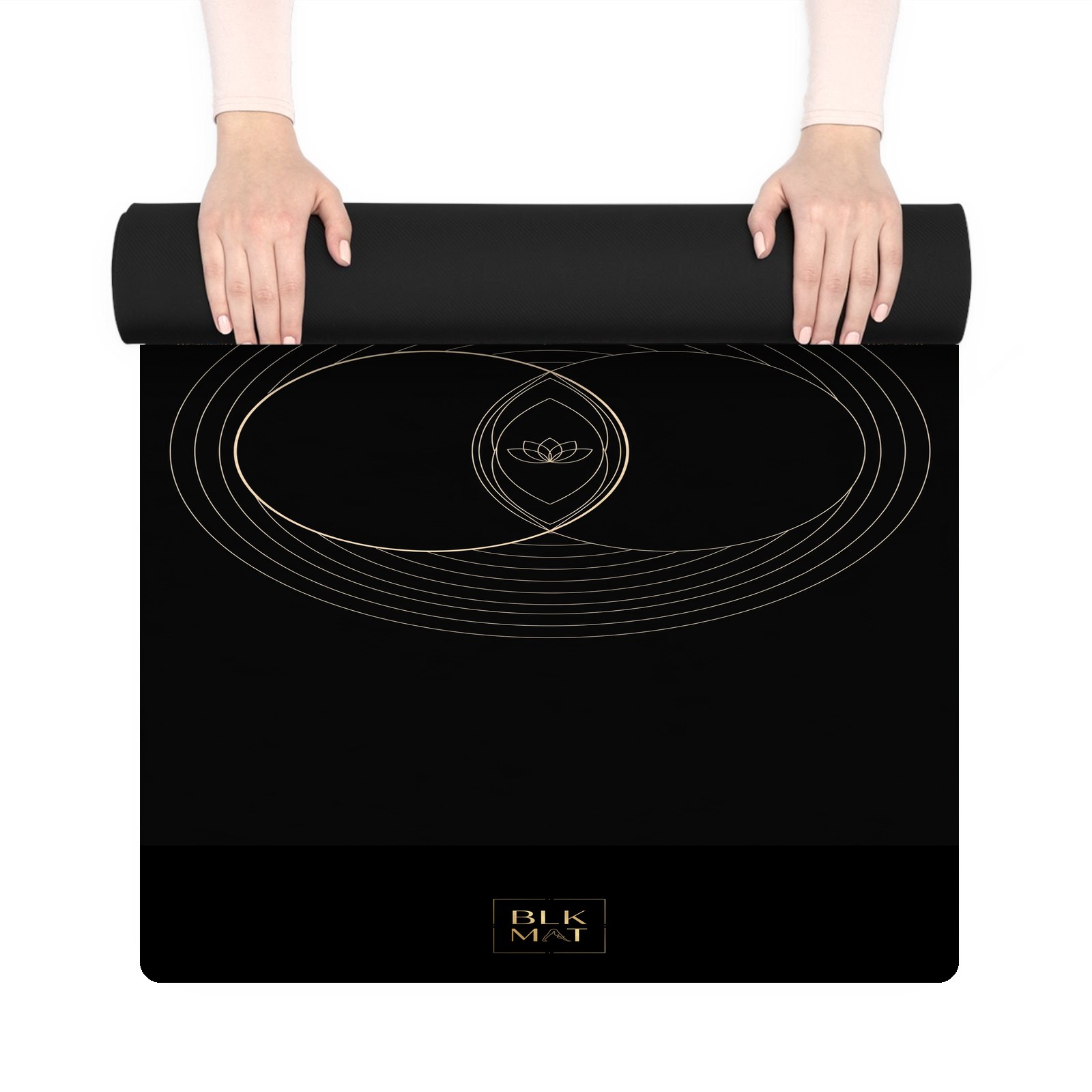 BLKMAT Vesica Piscis Duet yoga mat, held up and partly rolled