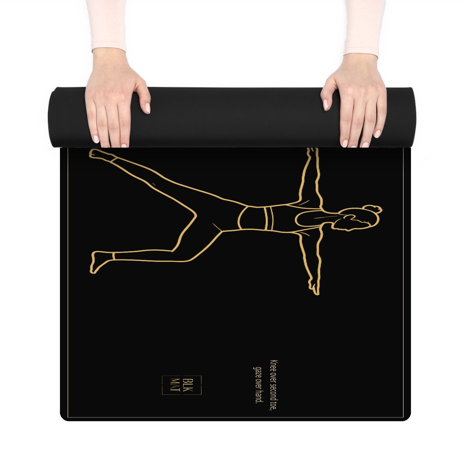 BLKMAT Warrior II yoga mat, held up and partly rolled
