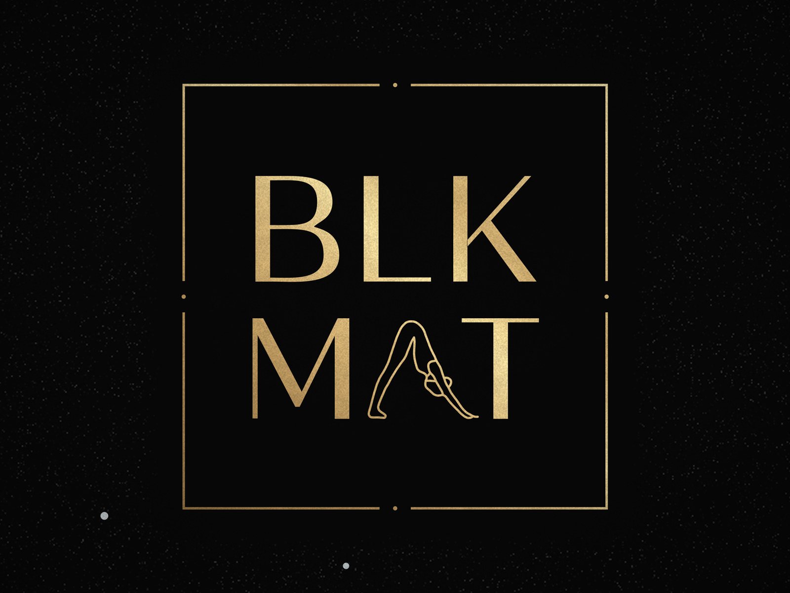 BLKMAT Aquarius Constellation yoga mat, close-up of the BLKMAT corner logo
