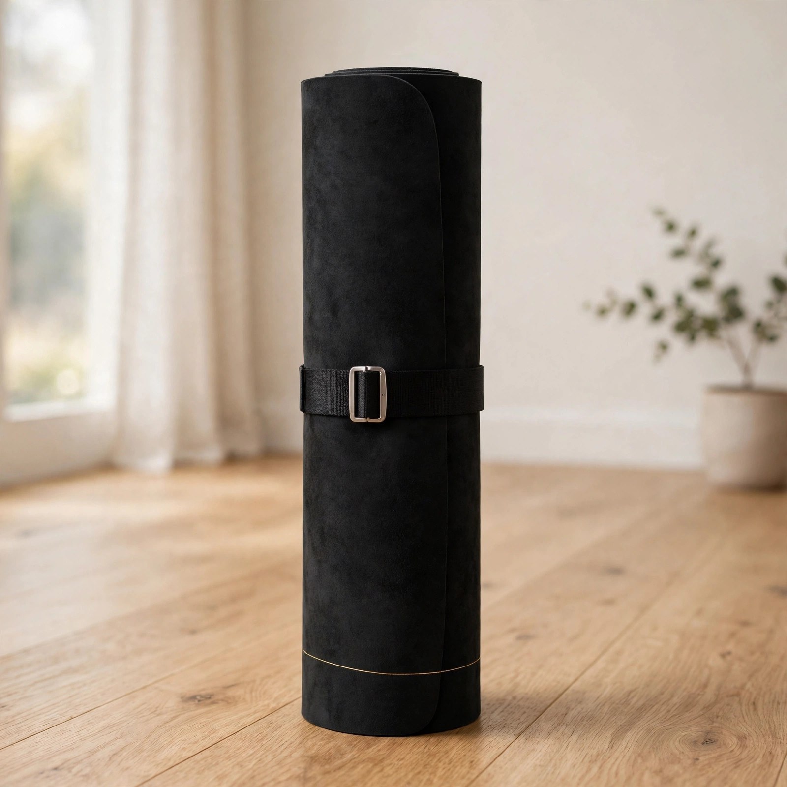 BLKMAT yoga mat rolled up with the included black carry strap