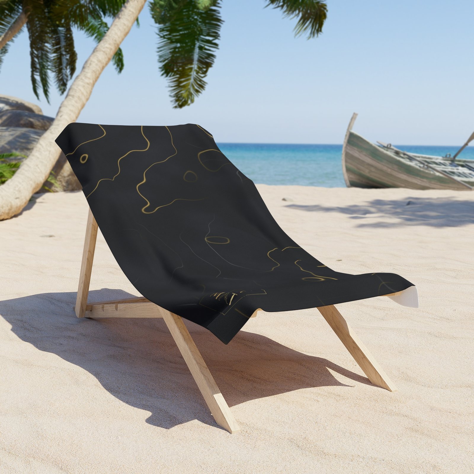 BLKMAT Black Marble, Gold Vein Beach Towel, on a beach chair