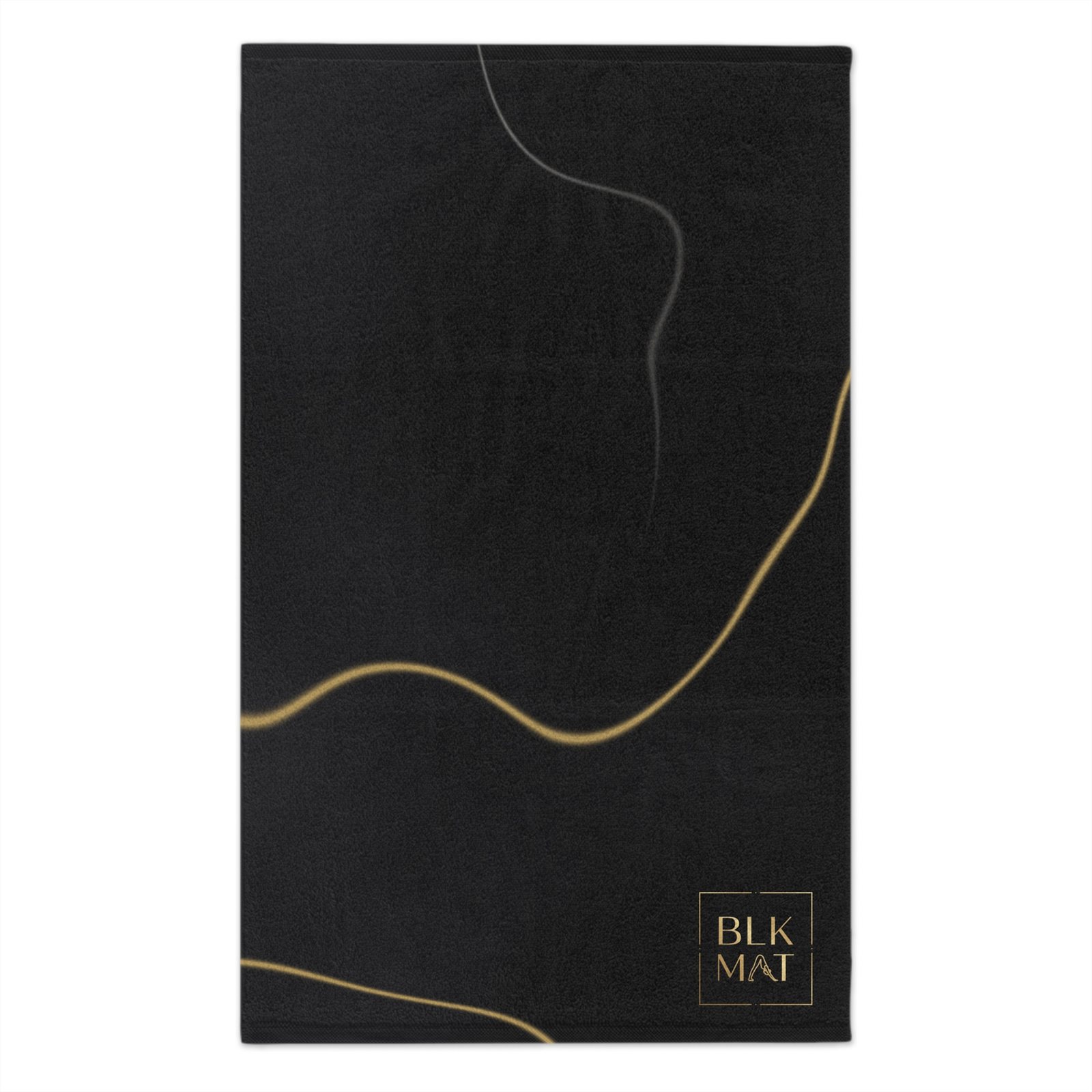 Small gym towel covered in smoky black marble with winding gold veins and a small gold BLKMAT logo in the bottom corner.
