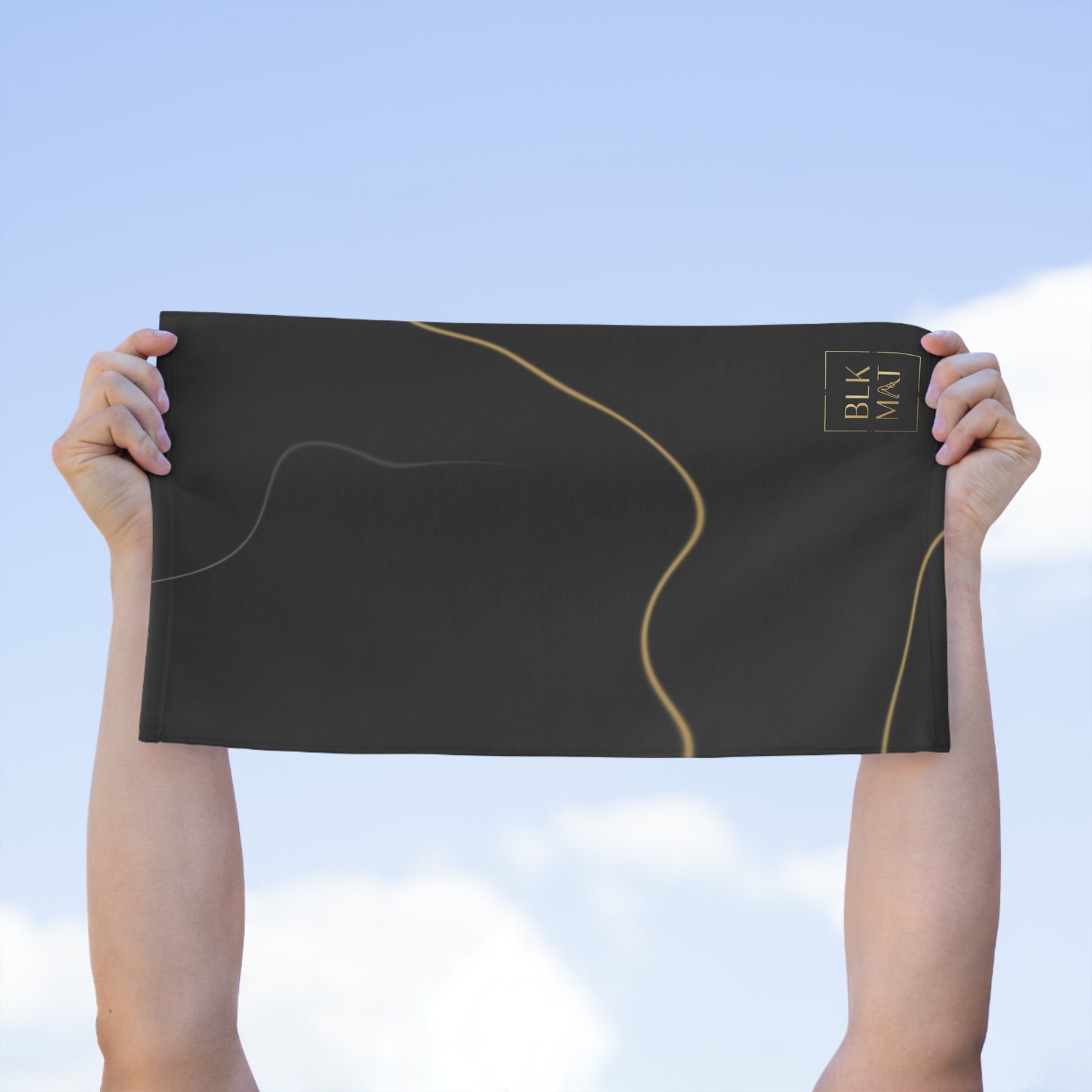 BLKMAT Black Marble, Gold Vein Gym Towel, held up