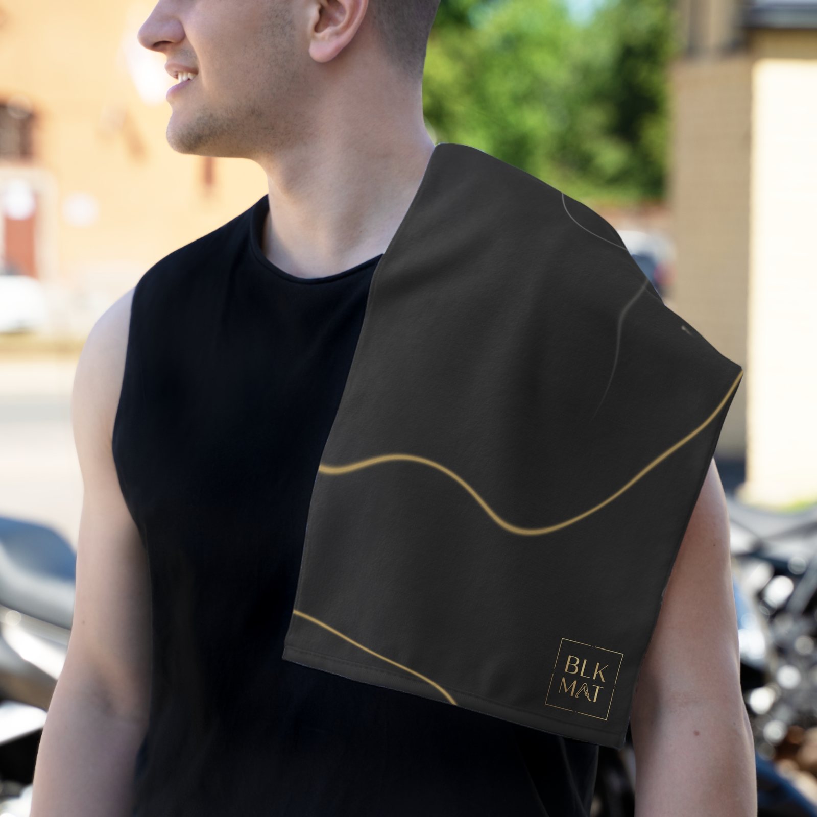 BLKMAT Black Marble, Gold Vein Gym Towel, over the shoulder