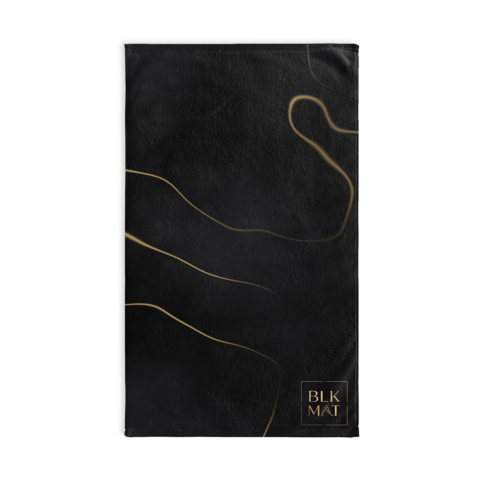 Hand towel covered in smoky black marble with winding gold veins and a small gold BLKMAT logo in the bottom corner.