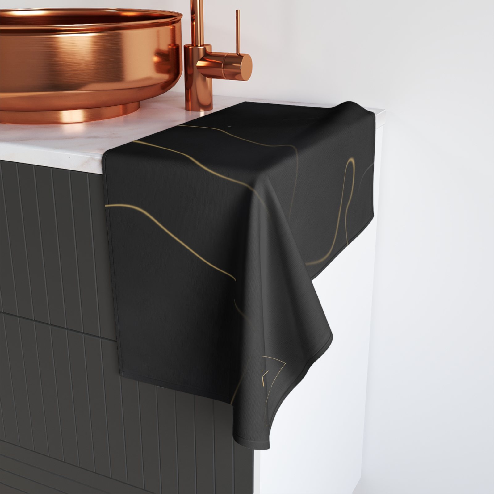 BLKMAT Black Marble, Gold Vein Hand Towel, in the bathroom