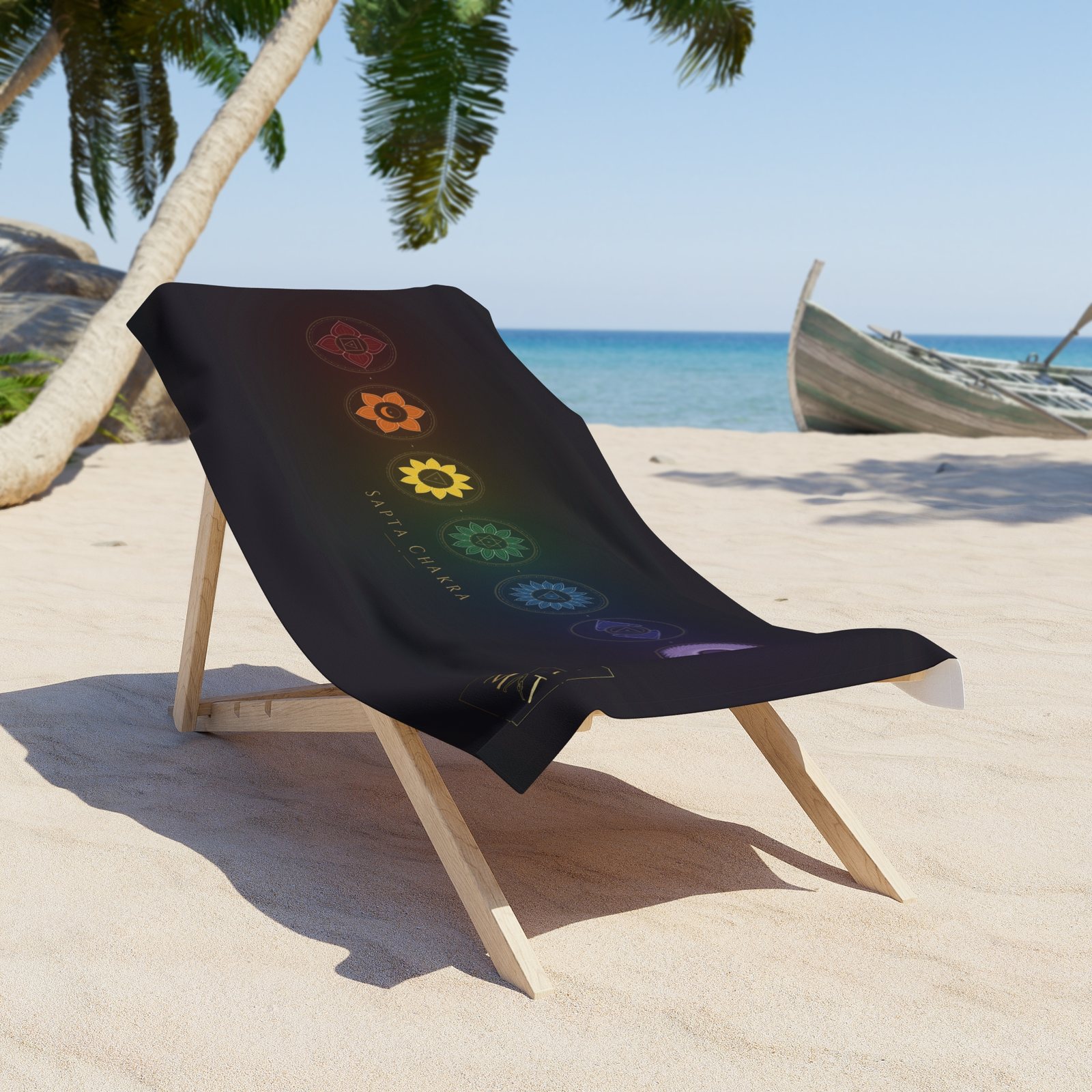 BLKMAT Sapta Chakra Beach Towel, on a beach chair