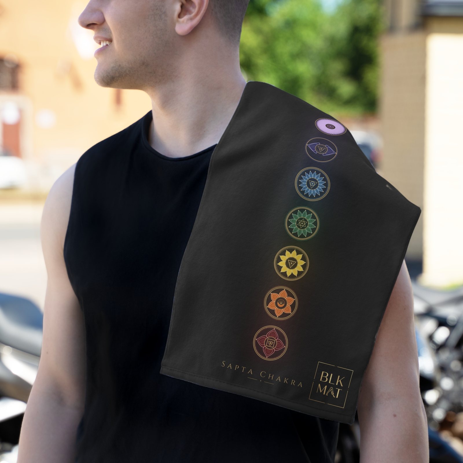 BLKMAT Sapta Chakra Gym Towel, over the shoulder