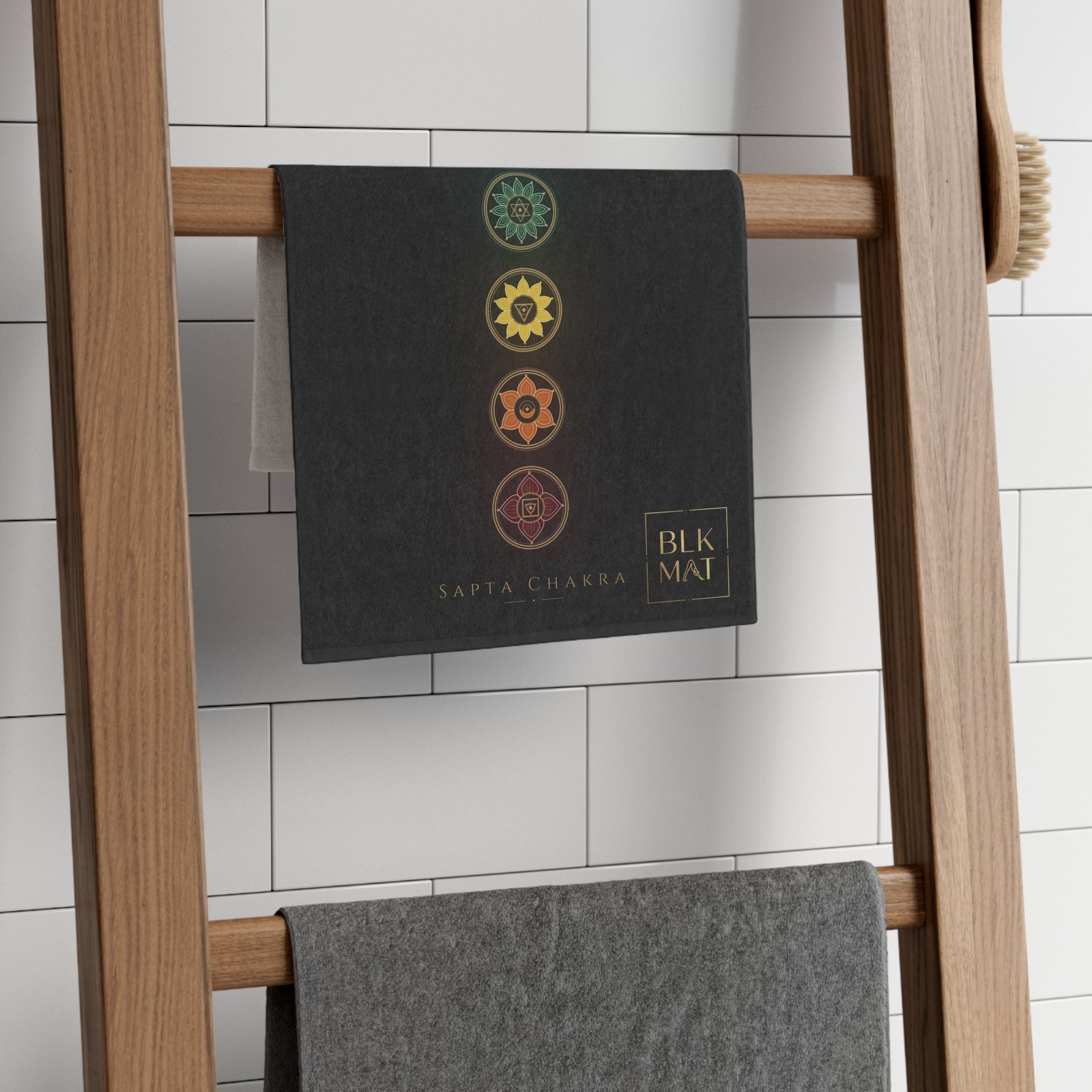 BLKMAT Sapta Chakra Gym Towel, on a towel ladder