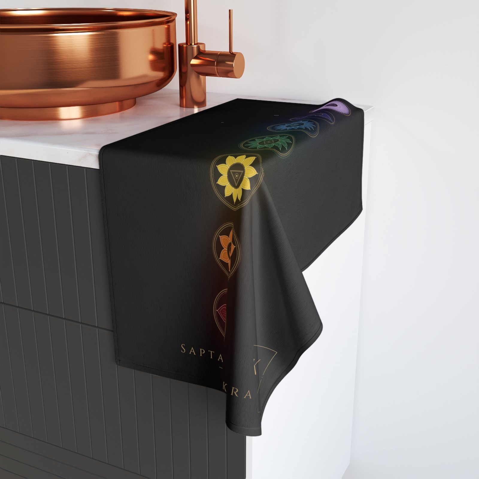 BLKMAT Sapta Chakra Hand Towel, in the bathroom