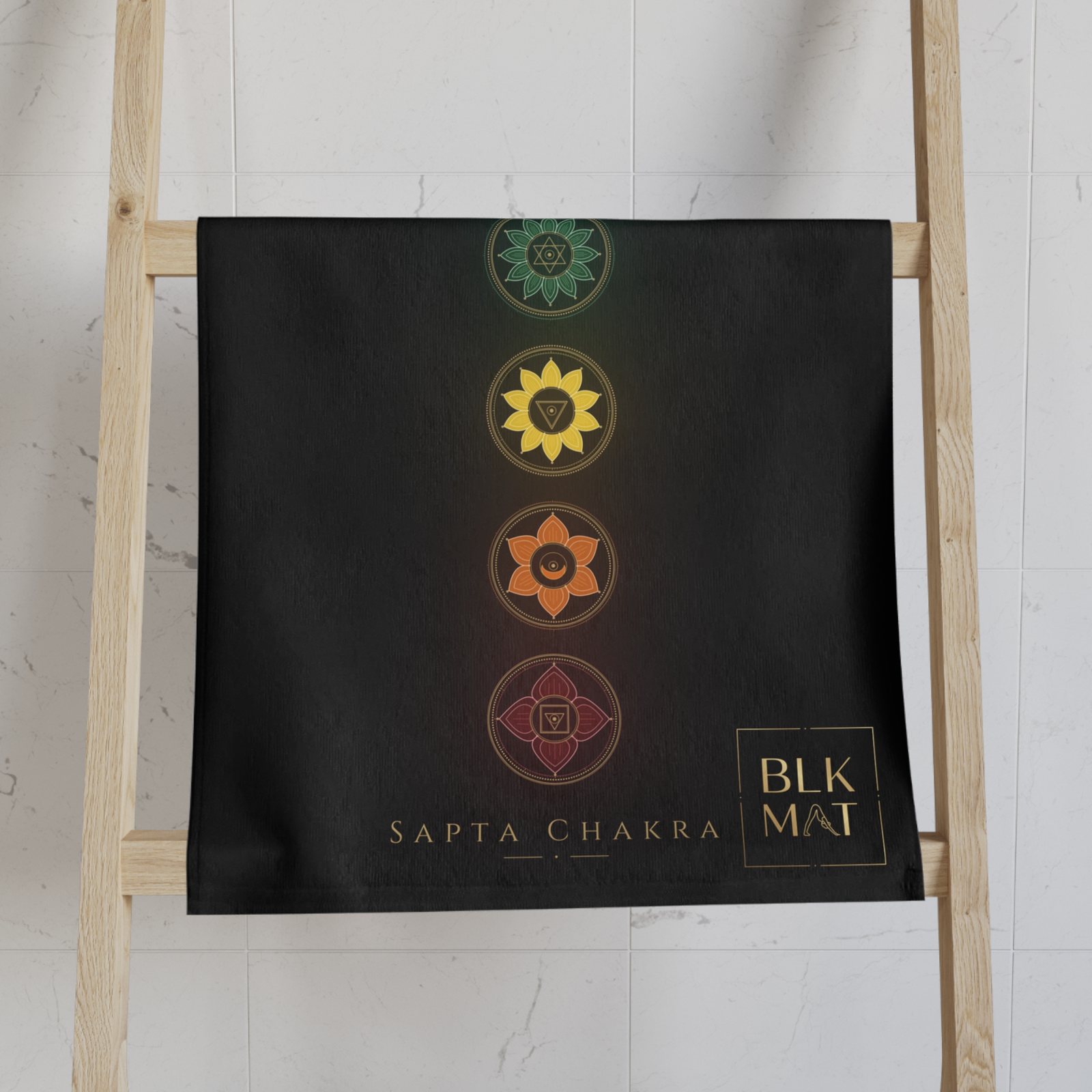 BLKMAT Sapta Chakra Hand Towel, on a towel ladder