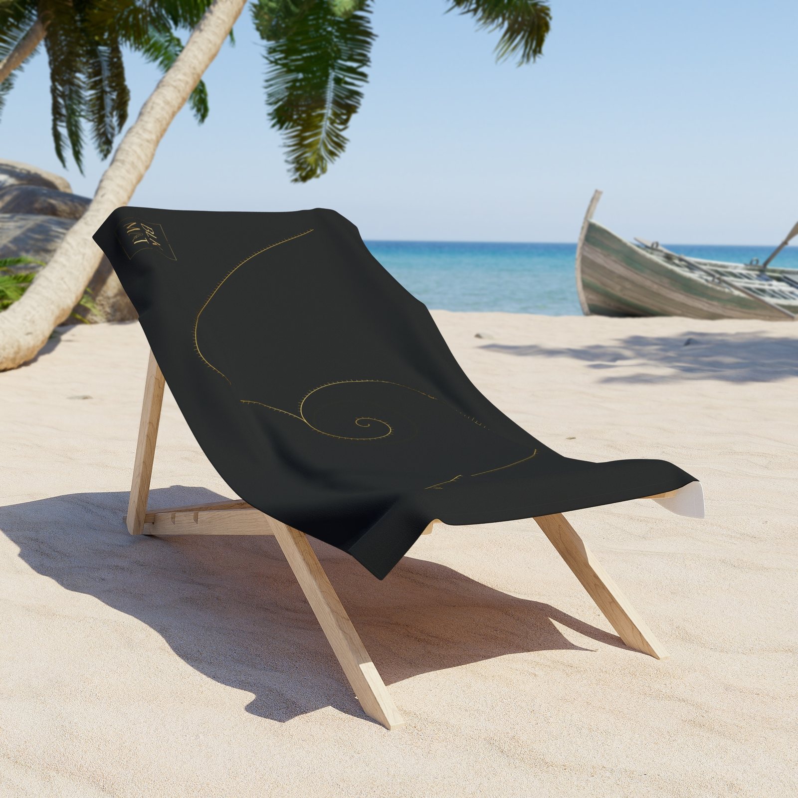 BLKMAT Golden Meridian Beach Towel, on a beach chair