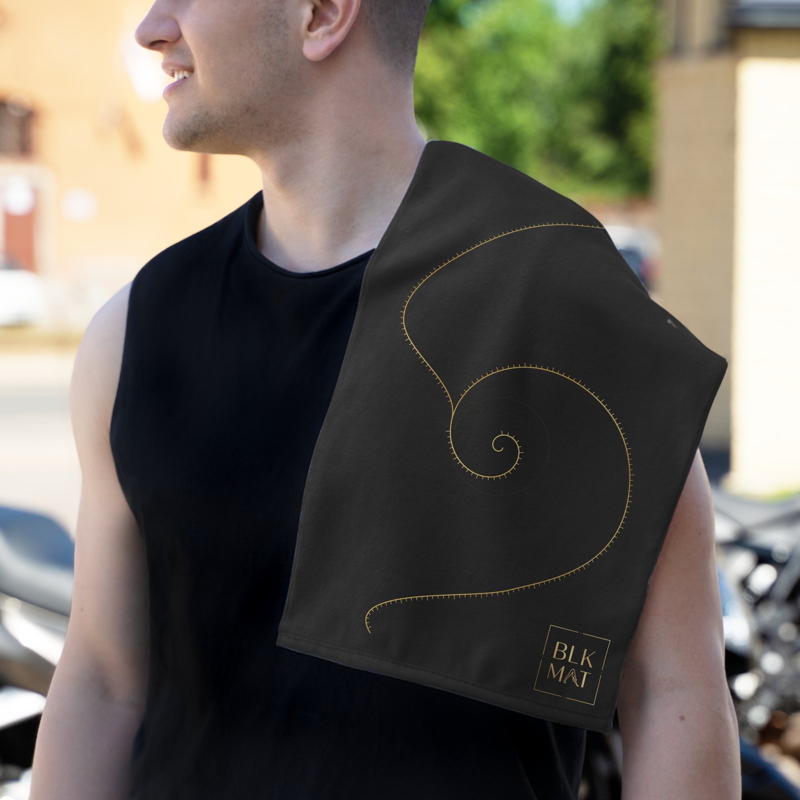 BLKMAT Golden Meridian Gym Towel, over the shoulder
