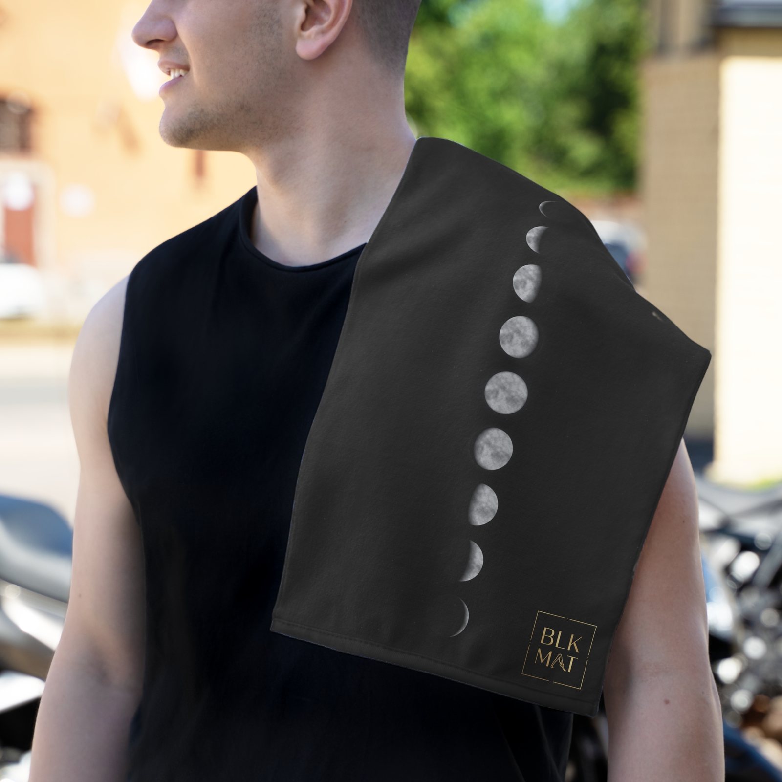 BLKMAT Midnight Moon Phases Gym Towel, over the shoulder