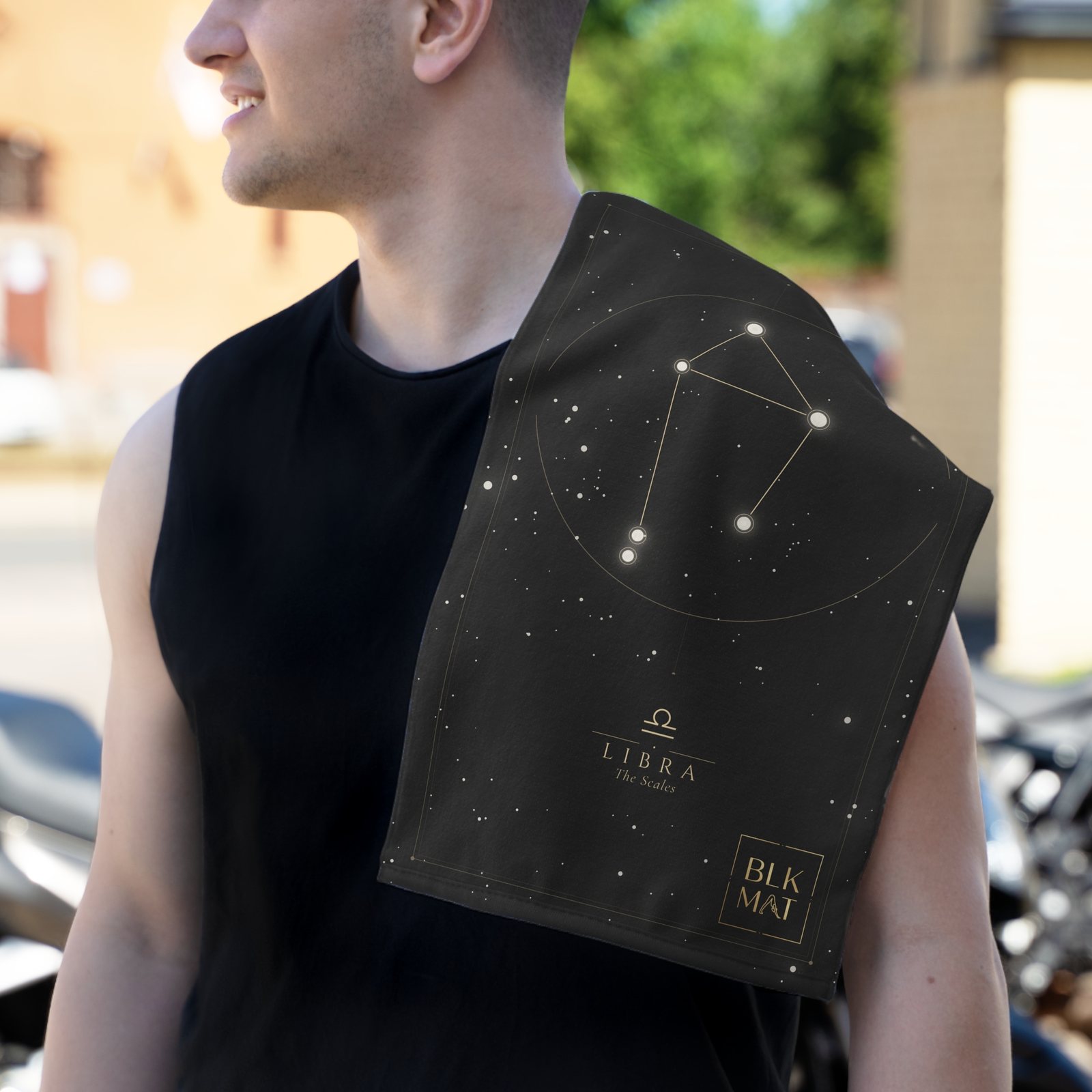 BLKMAT Libra Constellation Gym Towel, over the shoulder