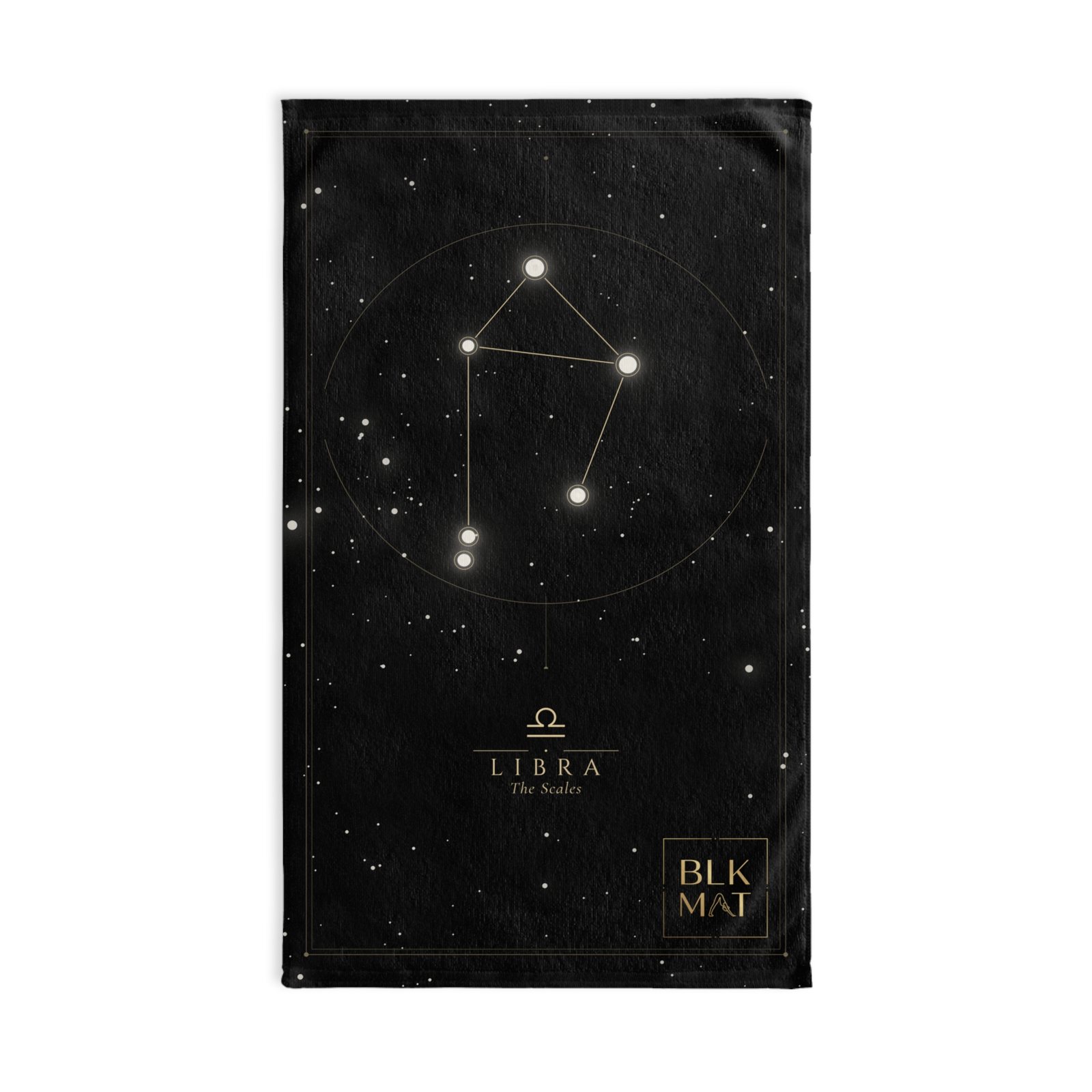 Black hand towel with the Libra constellation drawn as a white star chart in a thin circle, the caption LIBRA The Scales, and a small gold BLKMAT logo in the bottom corner.